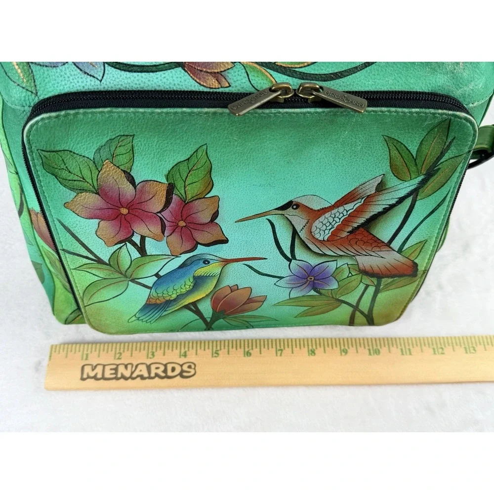 Anuschka‎ Hand Painted Green Leather Handbag Purse Birds Floral Organizer Art